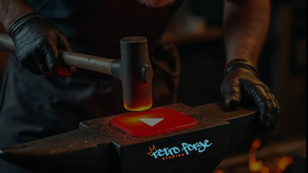 A blacksmith forging a glowing YouTube play button on an anvil stamped with the Retro Forge Studios logo